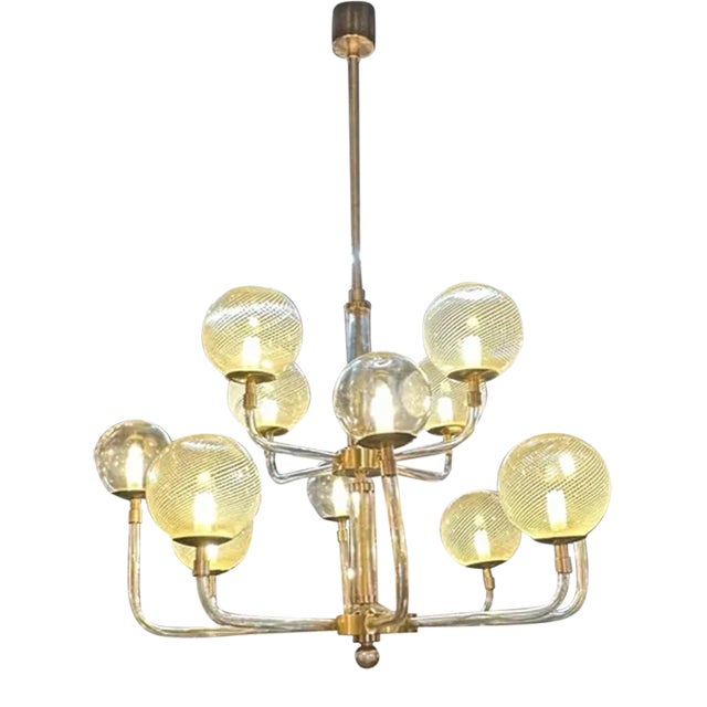 Modern Murano Glass and Brass Globe Chandelier For Sale