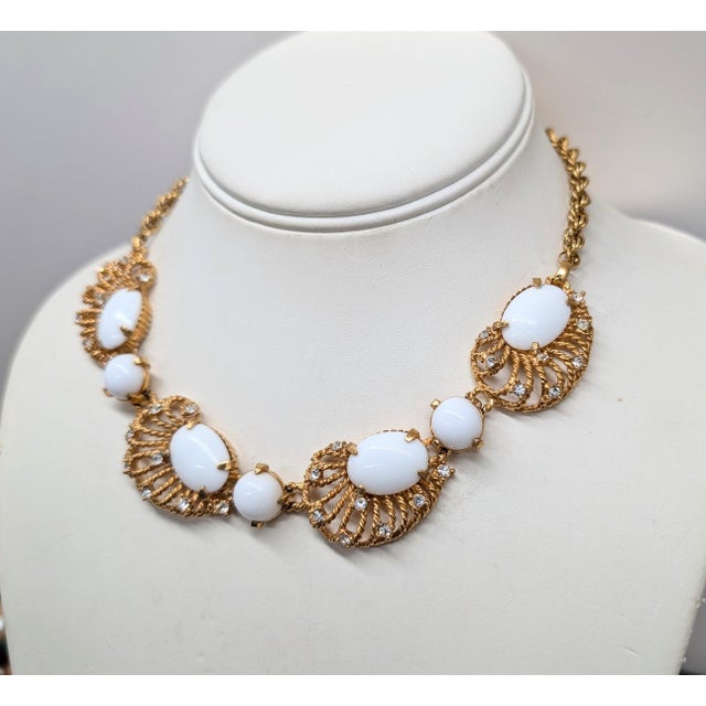 1960s Vintage 1960s Signed Hattie Carnegie Goldtone White Cabochon Rhinestone Necklace For Sale - Image 5 of 8