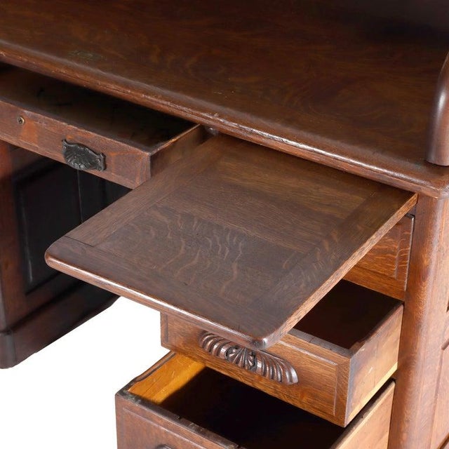 1920s Antique Derby Oak Raised Panel S-Roll Top Desk With Carved Pulls C1920 For Sale - Image 5 of 13