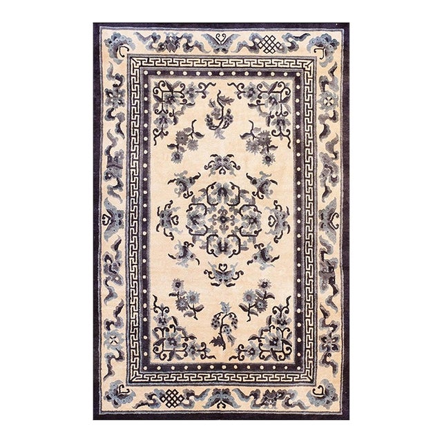 1920s Ivory Field Classic Traditional Greek Key Antique Chinese Silk Knotted Rug For Sale