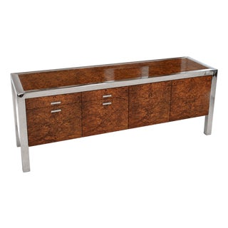 1970s Rare Leon Rosen for Pace Collection Burl Wood & Chrome Credenza For Sale