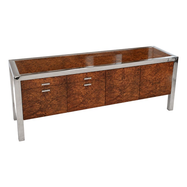 1970s Rare Leon Rosen for Pace Collection Burl Wood & Chrome Credenza For Sale