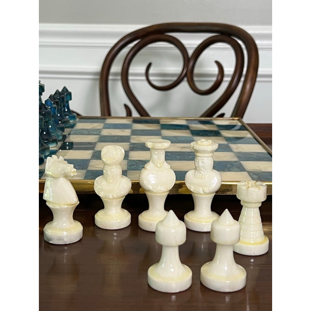 Metal Chinese Stone Chess Set on Brass Framed and Footed Board in Blue and White, 1960s For Sale - Image 7 of 15