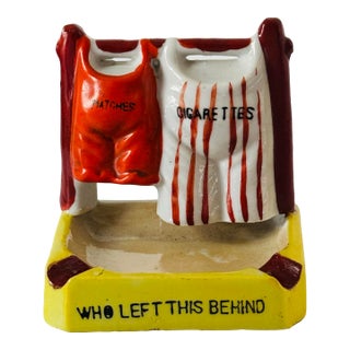Vintage “Who Left This Behind” Ceramic Lusterware Ashtray & Match Holder – Whimsical Figural Smoking Accessory (C. 1940s–50s) For Sale