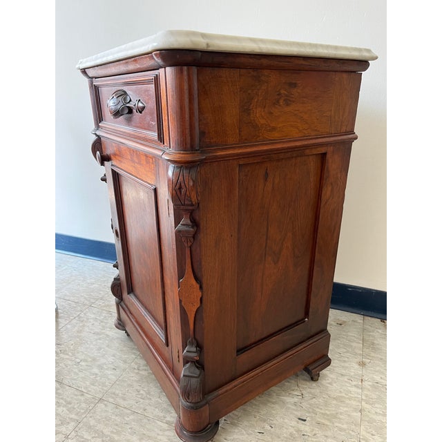 Victorian 19th Century Victorian Flame Mahogany Marble Top Half Commode Washstand For Sale - Image 3 of 11