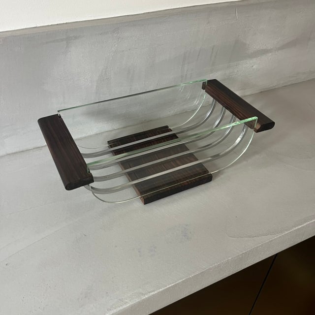Art Deco style glass, metal, and exotic wood fruit basket. Very high quality. Height: 12cm Length: 36cm Width: 16cm