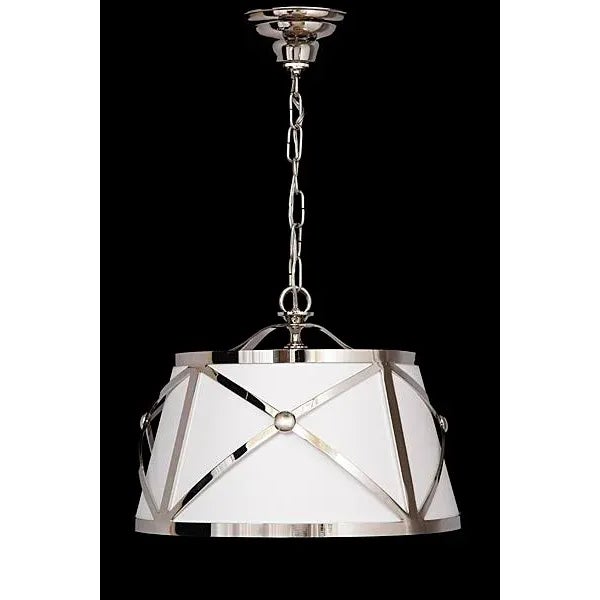 Stealth Nino - Moderne style linen drum shade fixture, crosshatched frame with medallion detail.