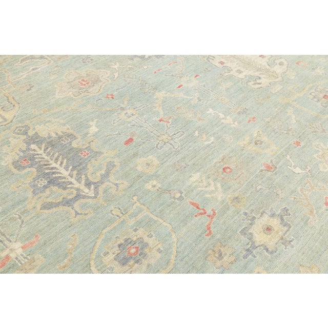 Textile 8x10 Modern Sage Green Oushak Style Hand-Knotted Wool Area Rug - Pastel Floral For Sale - Image 7 of 11