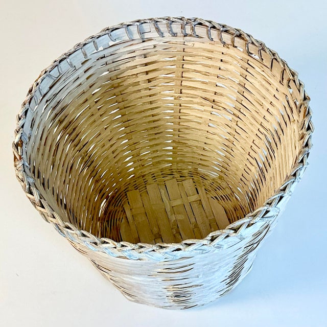 Antique White Mid-Century Boho Chic Coastal White Washed Wicker Wastebasket. For Sale - Image 8 of 9