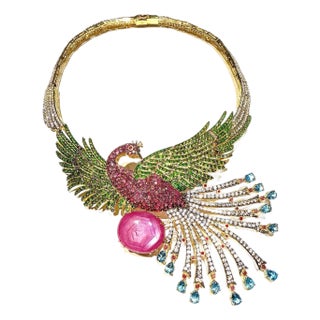 Bochic “Capri” Vintage Ruby, Sapphire & Garant Peacock Necklace Set In 18K & Sil For Sale