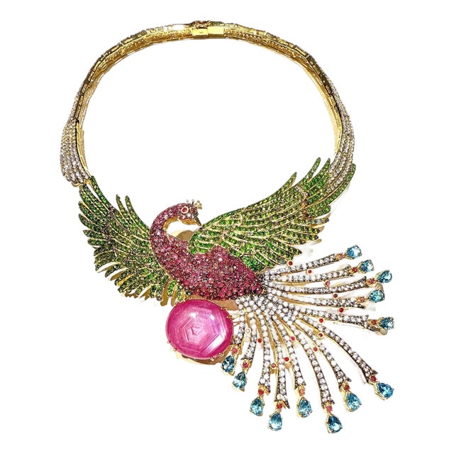 Bochic “Capri” Vintage Ruby, Sapphire & Garant Peacock Necklace Set In 18K & Sil For Sale
