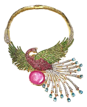 Bochic “Capri” Vintage Ruby, Sapphire & Garant Peacock Necklace Set In 18K & Sil