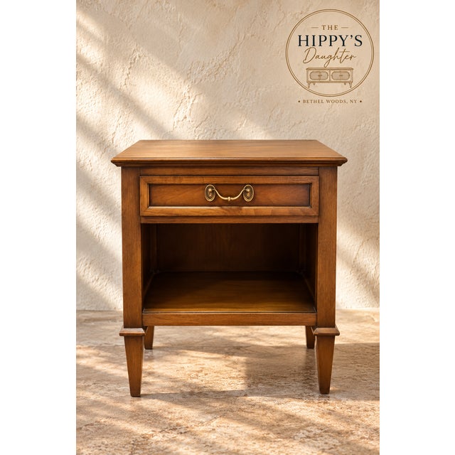 Brass Vintage "By Drexel" Europa Walnut Nightstand | Dovetail Drawer + Original Brass Hardware For Sale - Image 8 of 8