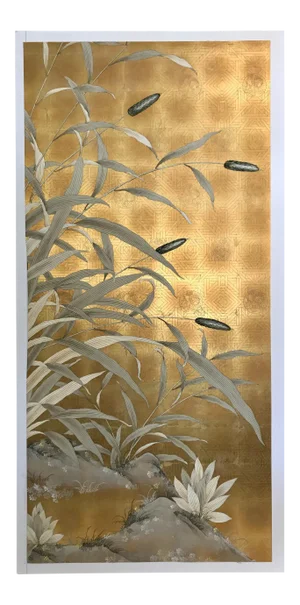 Chinoiserie Old Handpainted Wallpaper Panel - Gold Metal Leaf With Pussy Willow Motif