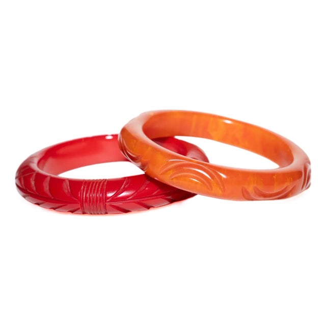 Vintage Carved Bakelite Bangle Bracelets in Red and Orange, 1930's, Pair Of For Sale