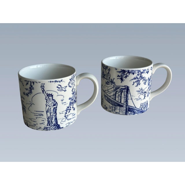 Ceramic Tiffany & Co. Mugs - Scenes of New York Toile Blue and White, Pair For Sale - Image 7 of 10