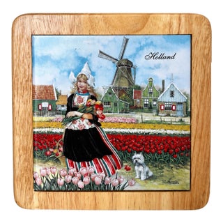 Late 20th Century Holland Tulip Garden Ceramic Tile Wall Plaque in a Natural Wood Frame For Sale