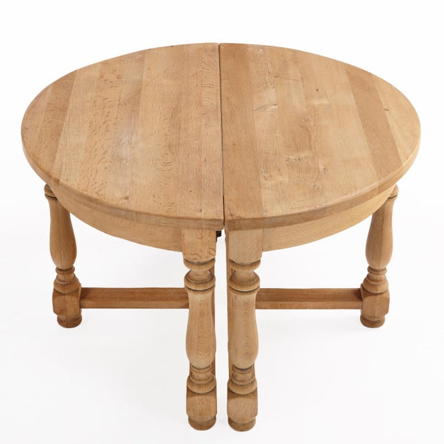 French Provincial Pair of French Solid Oak Demilune Console Tables, C. 1950. For Sale - Image 3 of 4