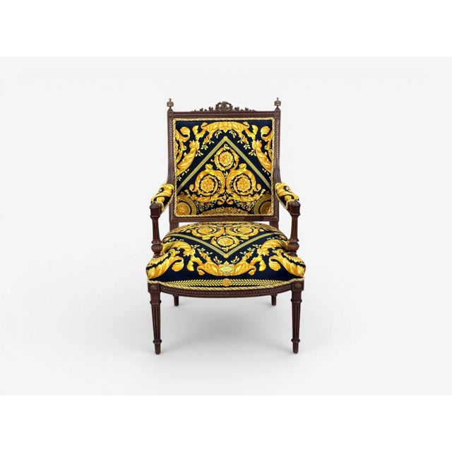 Gold Gianni Versace Fabric Louis XVI Style Armchairs, Walnut, France, 20th C. For Sale - Image 8 of 16
