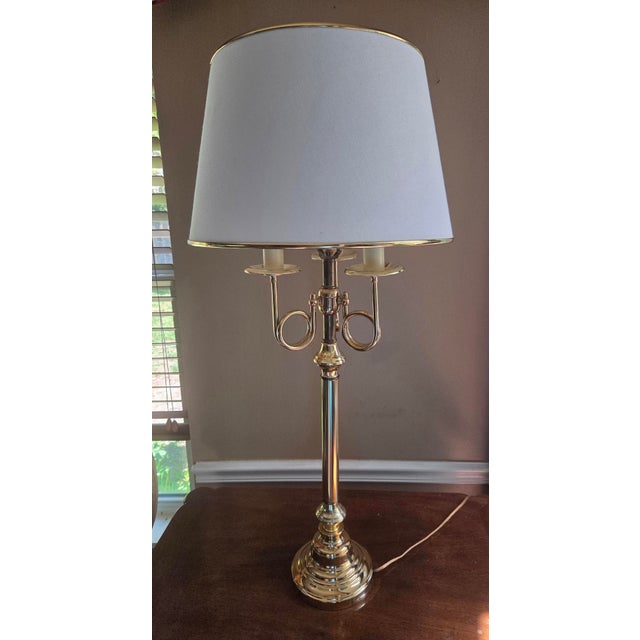 Beautiful large bouillotte brass lamp horn arms - 3 candles. Includes lovely white shade with brass accents.