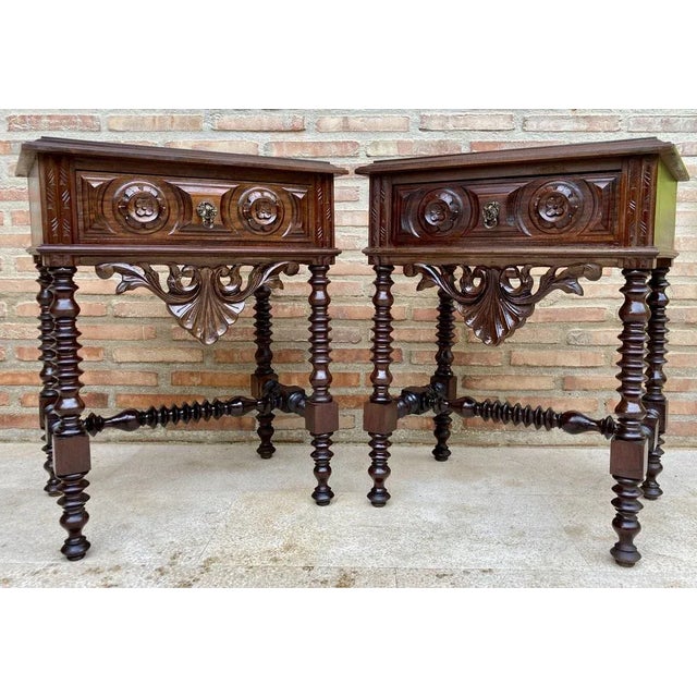 20th Century Solid Carved French Nightstands With Turned Columns & One Drawer, Set of 2 For Sale - Image 11 of 11