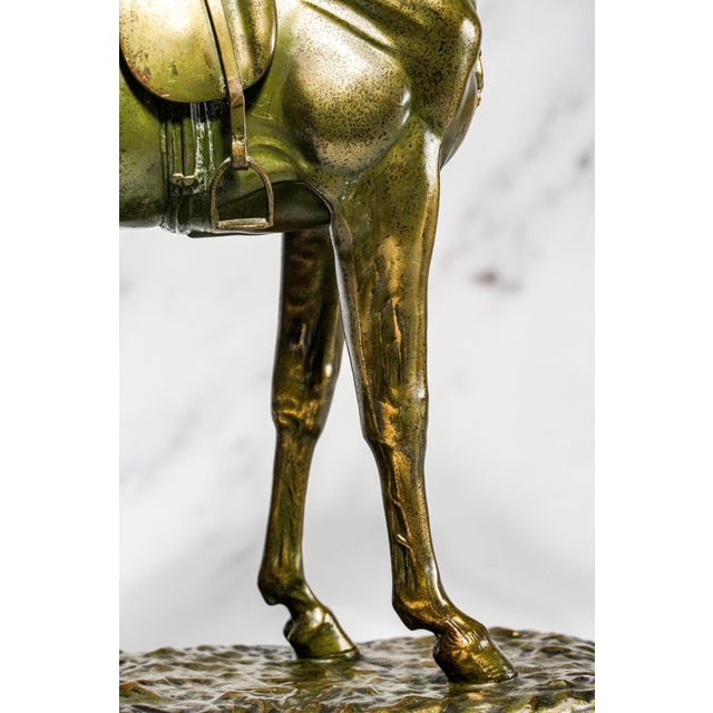 Stately Large Equestrian Antique Saddled Horse Statue Sculpture Cast Metal Marble Base Country Home Decor For Sale - Image 4 of 16