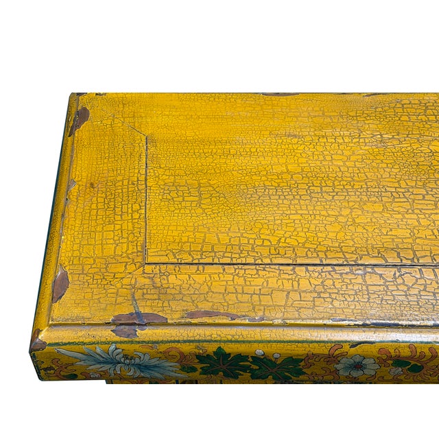 Vintage Chinese Yellow Lacquered Wood Credenza Sideboard Carved Scenic Panels For Sale - Image 17 of 18