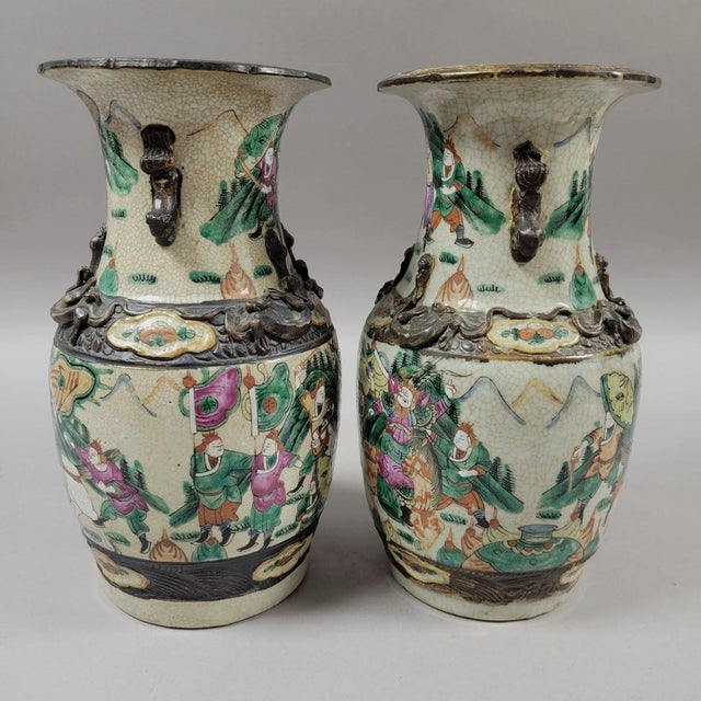 Late 19th Century Pair Chinese Nanking Crackle Glaze Famille Verte Warrior Vases With Dragons, Late Qing C. 1880 For Sale - Image 5 of 10