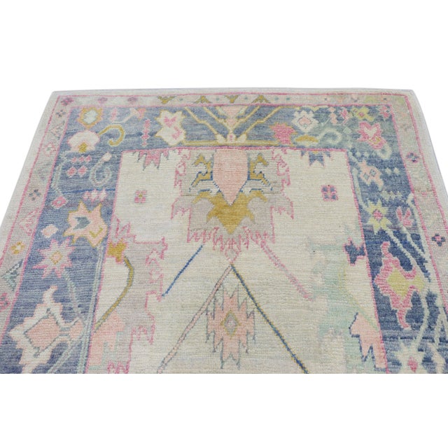 Textile Early 21st Century Blue & Pink Handwoven Wool Turkish Oushak Rug 5'7" X 6'5" For Sale - Image 7 of 9