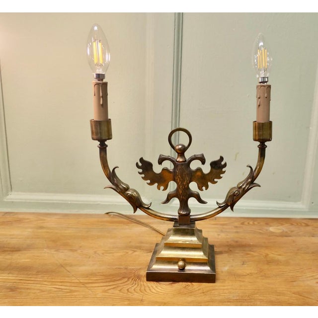 Arts and Crafts Gothic Brass Twin Table Lamps, 1910, Set of 2 For Sale - Image 4 of 8
