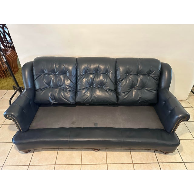 Vintage Navy Blue Leather Regency Sofa | Tufted Curved Front, Brass Nailhead Trim For Sale - Image 9 of 12
