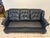 Vintage Navy Blue Leather Regency Sofa | Tufted Curved Front, Brass Nailhead Trim For Sale - Image 9 of 12