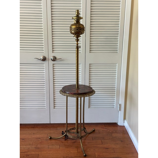 Antique Victorian Ornate Brass Converted Oil Lamp Piano Parlor Floor Lamp with beautiful reddish marble decorated with...