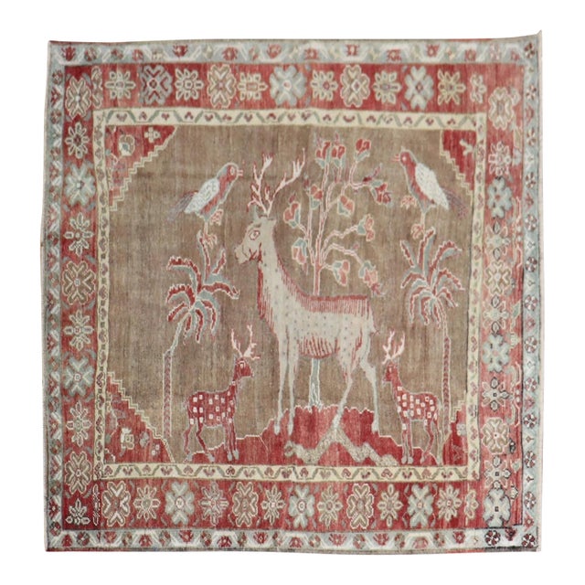 Vintage Zabihi Collection Pictorial Turkish Deer Bird Square Rug - 4'6" x 4'8" For Sale