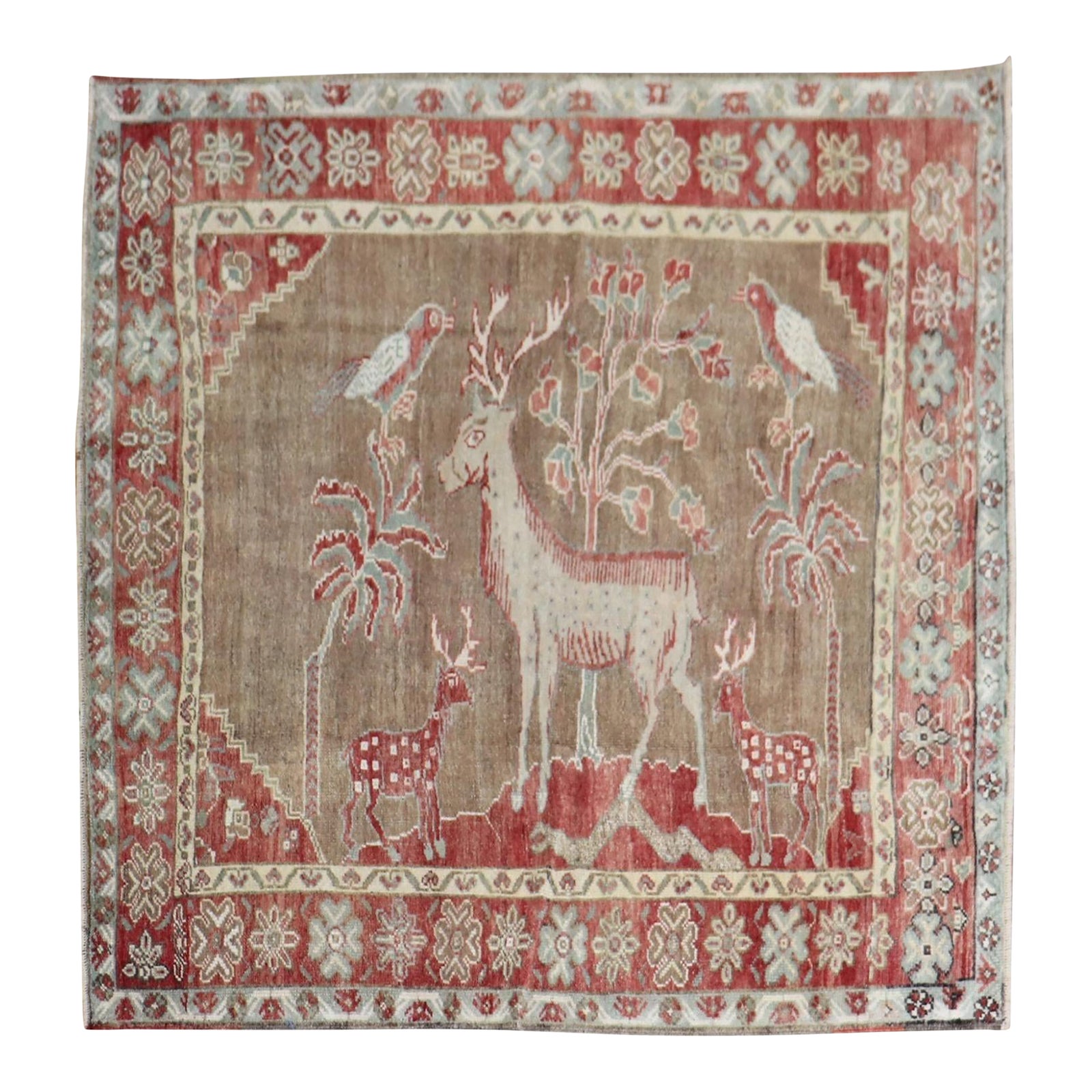 Zabihi Collection Pictorial Turkish Deer Bird Square Rug | Chairish