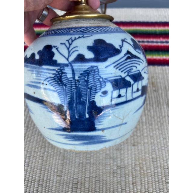 Ceramic Antique Chinese Blue & White Ginger Jar Table Lamp With Chinoiserie Landscape For Sale - Image 7 of 12