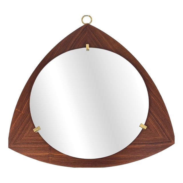 Triangular Teak Veneer and Brass Frame Wall Mirror, 1960s For Sale