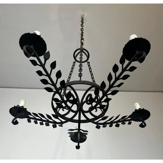 Metal Wrought Iron Chandelier With 5 Arms Decorated With Leaves For Sale - Image 7 of 9