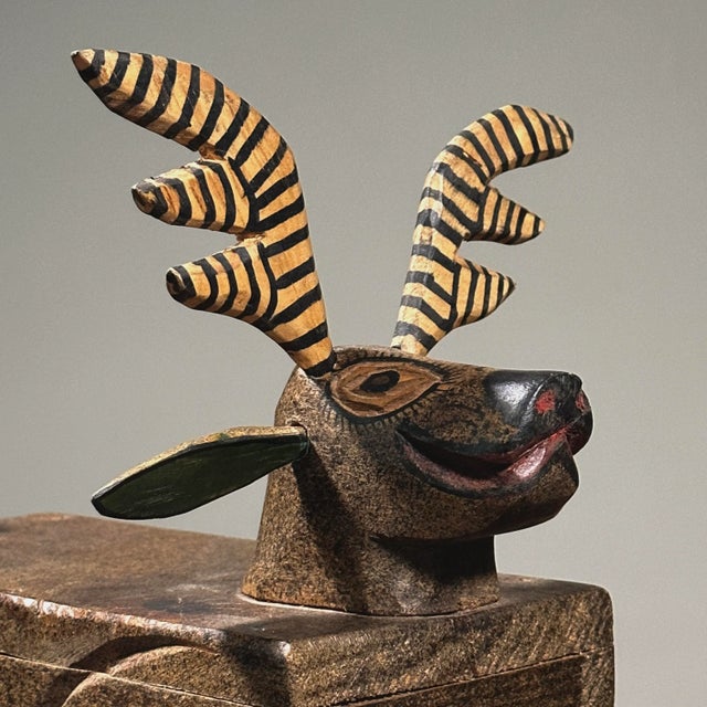 Printmaking Materials Vintage Hand Carved Polychrome Folk Art Deer Box For Sale - Image 7 of 11