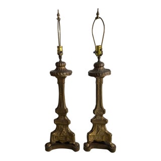Pair of Brass Prickets Adapted as Lamps on Wood Bases, Late 19th Century For Sale