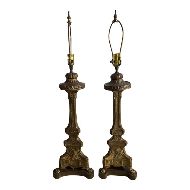 Pair of Brass Prickets Adapted as Lamps on Wood Bases, Late 19th Century For Sale