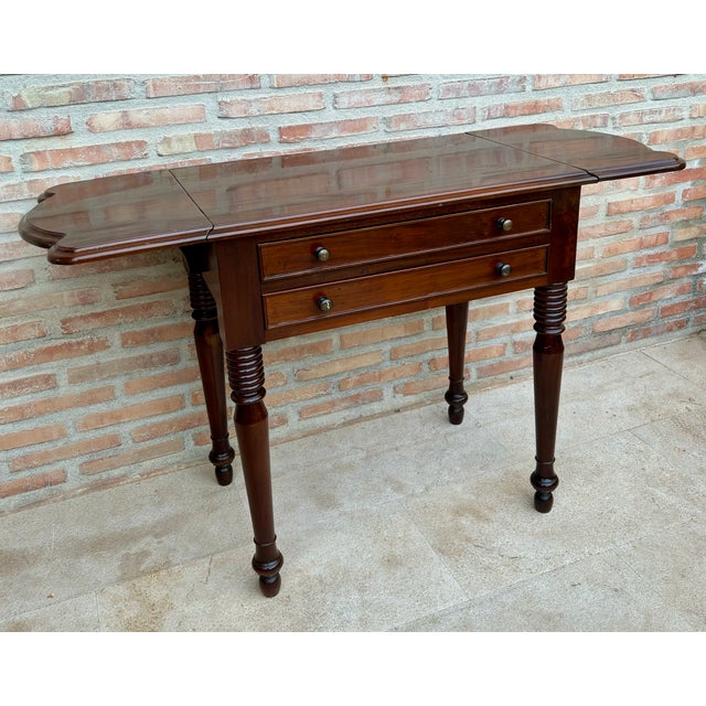 Wood Drop-Leaf Side Table With Two Drawers, 1930s For Sale - Image 12 of 15