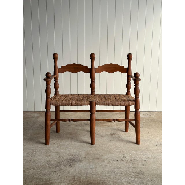 French Country Vintage Double Bench With Woven Cord Seat, C. 1950 For Sale - Image 3 of 18