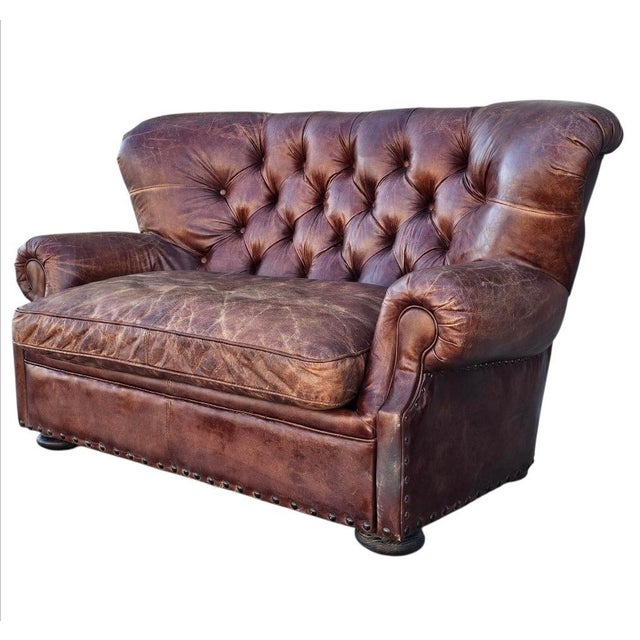 5 Foot Restoration Hardware Churchill Tufted Leather Sofa Loveseat For Sale - Image 11 of 18