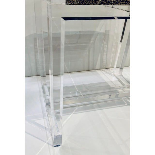 Stylish Port 68 Modern Taupe Glencoe Roxanne Acrylic Bench, taupe, silver, and black organic pebble print, showroom floor...