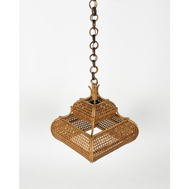 Wood Mid-Century Modern French Riviera Rattan and Wicker Pendant Light, 1960s For Sale - Image 7 of 16