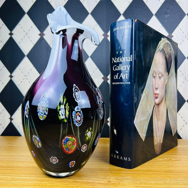 Large Amethyst Blown Art Glass Vase With Millefiori Floral Murrine, 13" For Sale - Image 9 of 11