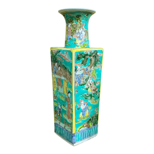 Vintage Quadrilateral Chinese Porcelain Famille Verte Vase 19" H