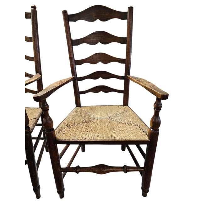 Matched Pair of Antique Eighteenth-Century English Ladderback Rush Seat Chairs For Sale - Image 4 of 10