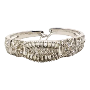 Vintage 1950s Signed Ledo Rhodium Plated Clear Rhinestone Cuff Bracelet